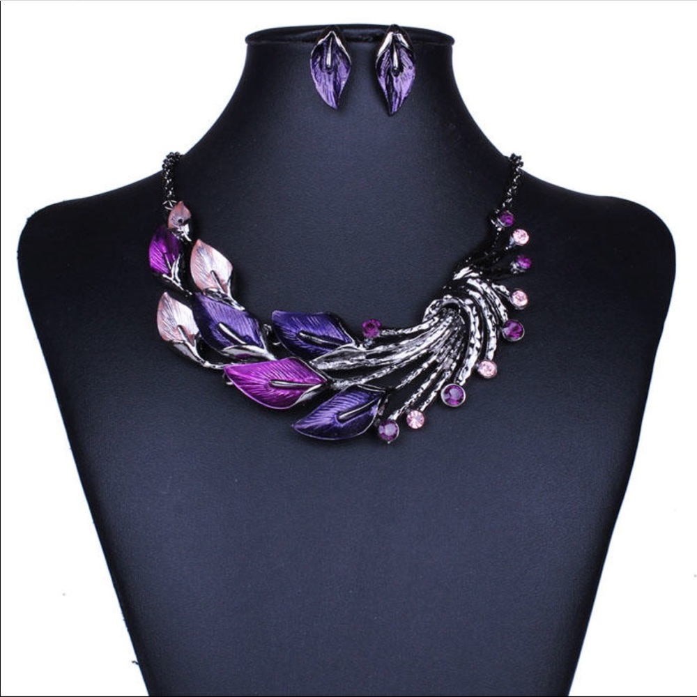 Peacock Crystal Statement Necklace Earrings Set